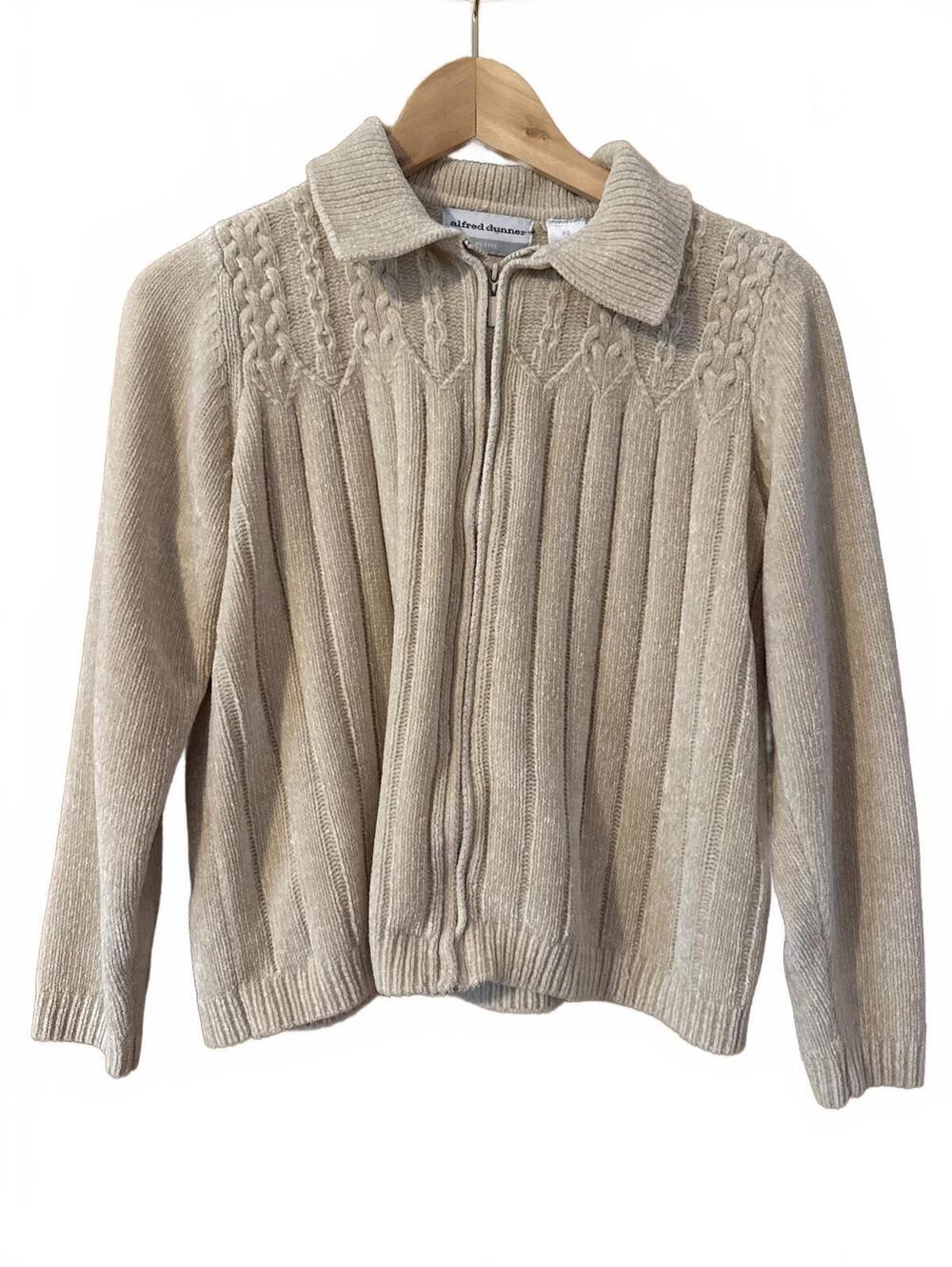 Alfred Dunner Petite Beige Acrylic Knit Zip-Up Sweater Jacket